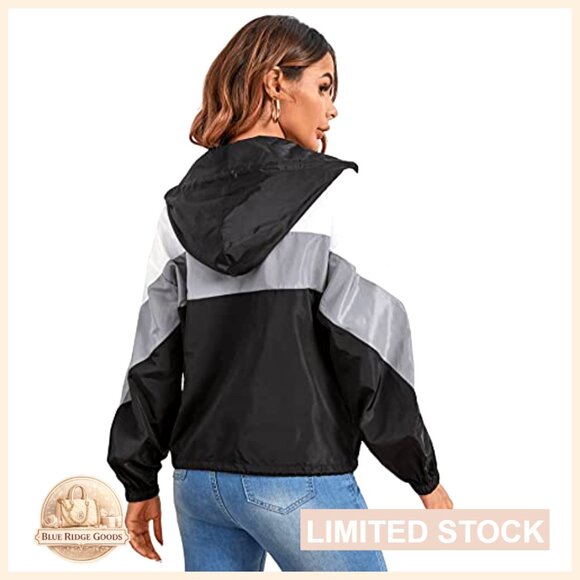 Color Block Hooded Windbreaker Jacket Casual Thin Soft Oversized Y2K - Picture 2 of 5